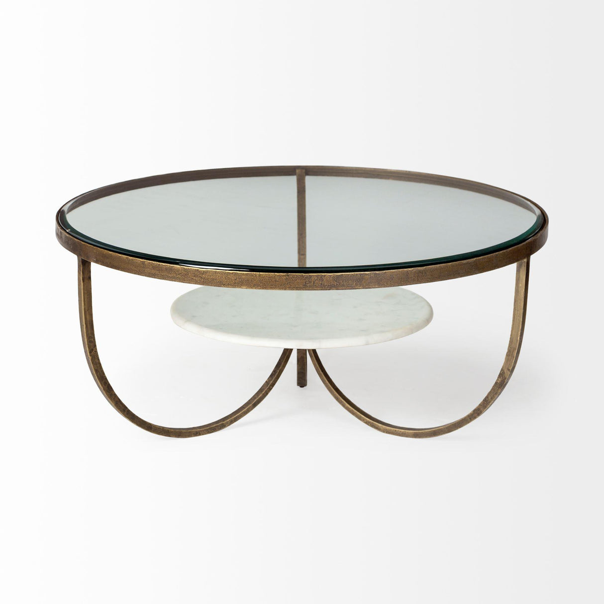 Mercana Reinhardt 36" Round Glass Top Marble Shelf Gold Metal Base Coffee Table