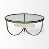 Mercana Reinhardt 36" Round Glass Top Marble Shelf Gold Metal Base Coffee Table