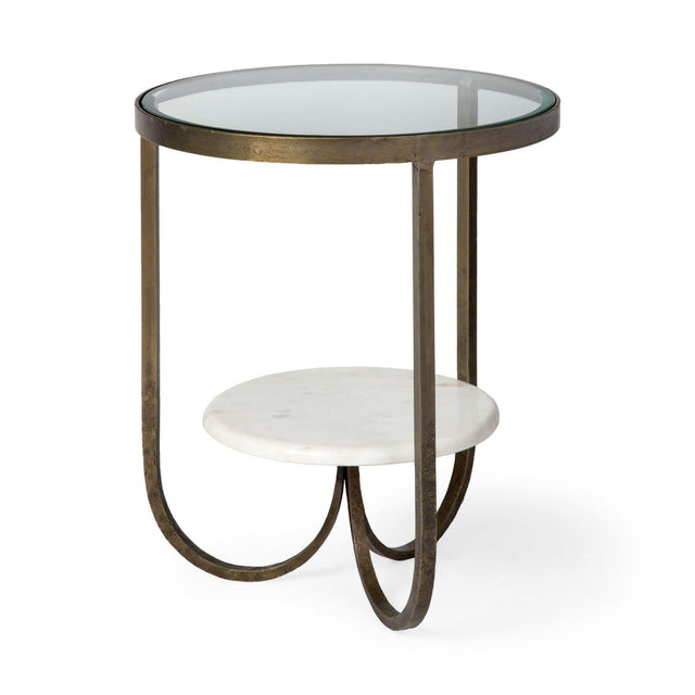 Mercana Reinhardt II 20" Round Glass Top Metal and Marble Detail End/Side Table