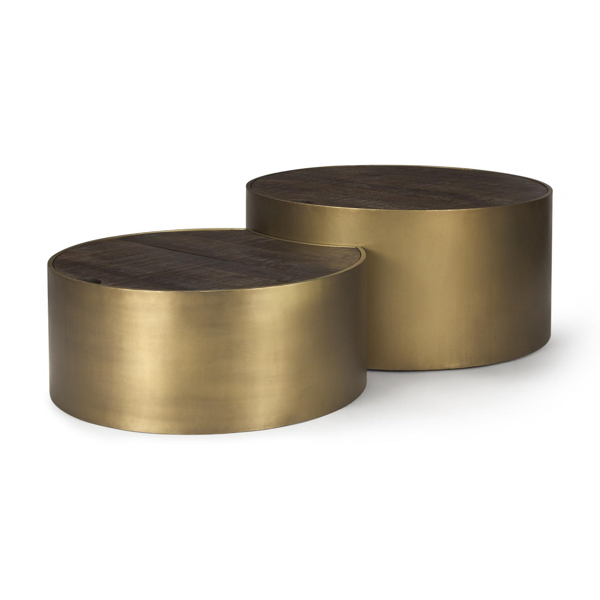 Mercana Eclipse Antique Brass Metal Drum Base w/ Dark Brown Wood Top Nested Coffee Table