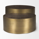 Mercana Eclipse Antique Brass Metal Drum Base w/ Dark Brown Wood Top Nested Coffee Table