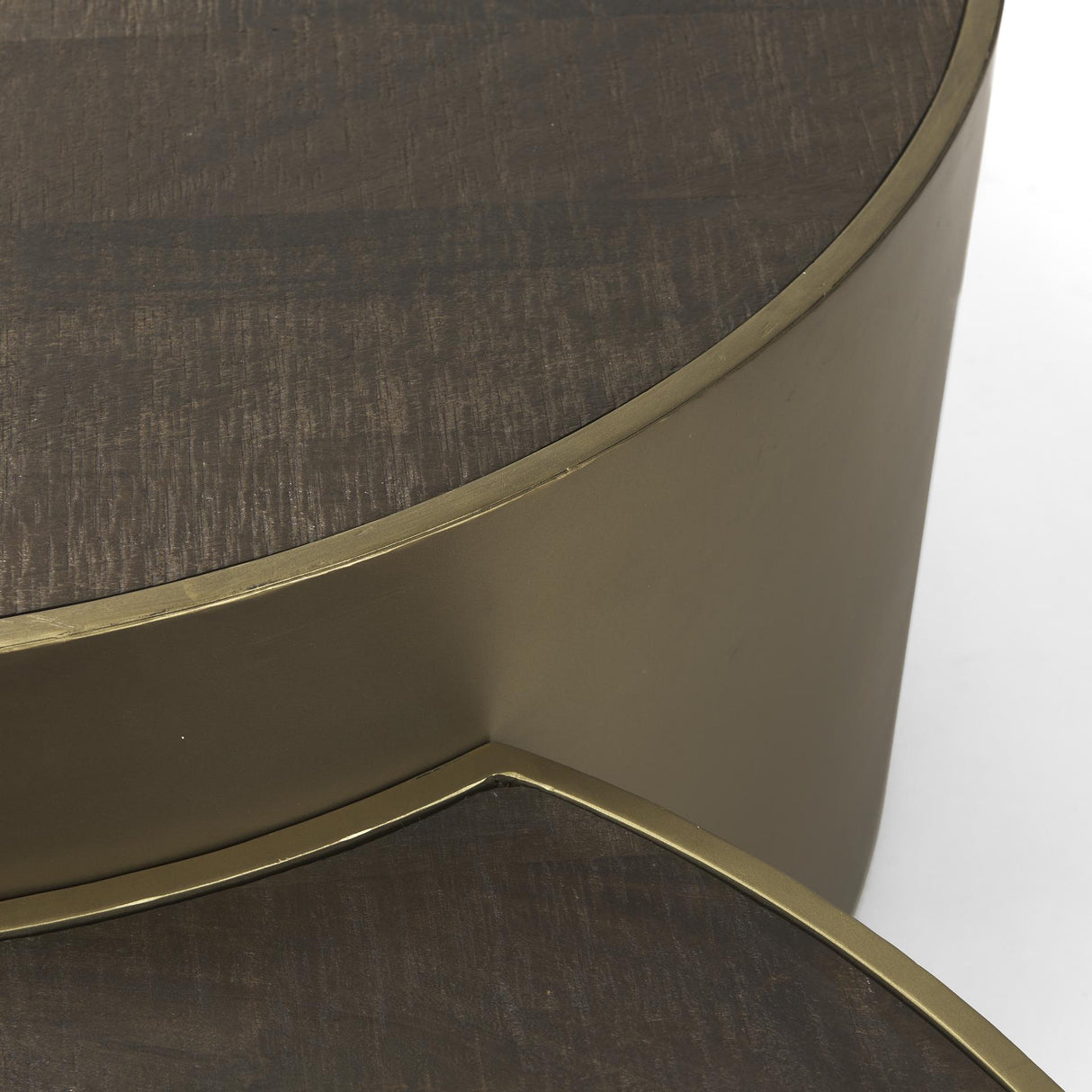 Mercana Eclipse Antique Brass Metal Drum Base w/ Dark Brown Wood Top Nested Coffee Table