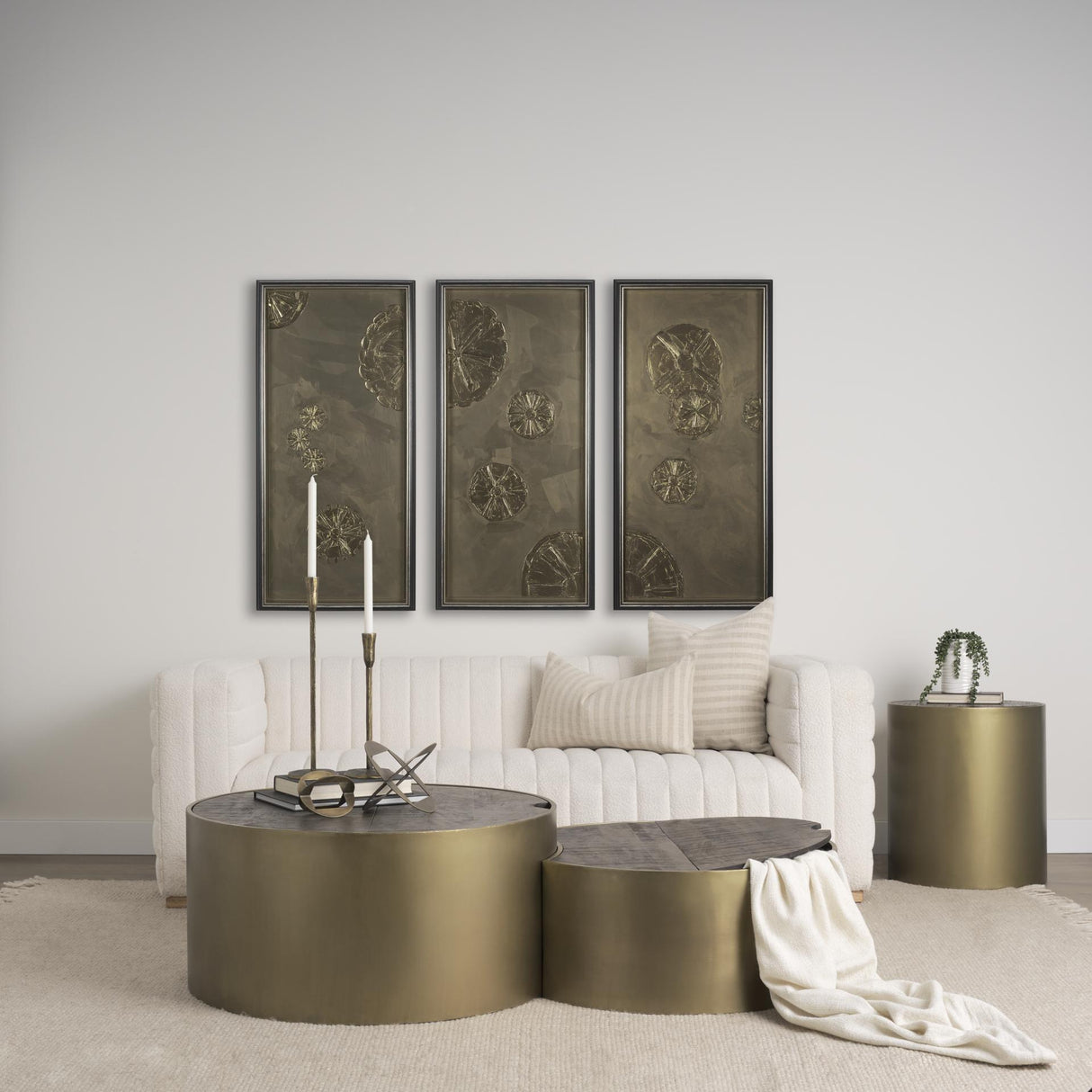 Mercana Eclipse Antique Brass Metal Drum Base w/ Dark Brown Wood Top Nested Coffee Table