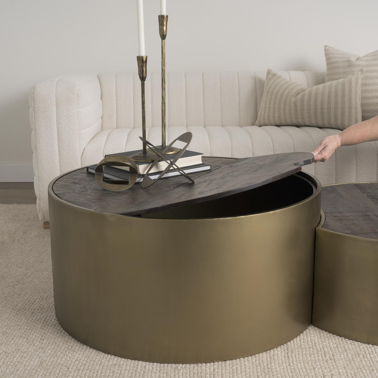 Mercana Eclipse Antique Brass Metal Drum Base w/ Dark Brown Wood Top Nested Coffee Table