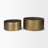 Mercana Eclipse Antique Brass Metal Drum Base w/ Dark Brown Wood Top Nested Coffee Table