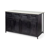 Mercana Fieri Solid Iron Black Body White Marble Top Four Drawer Kitchen Island