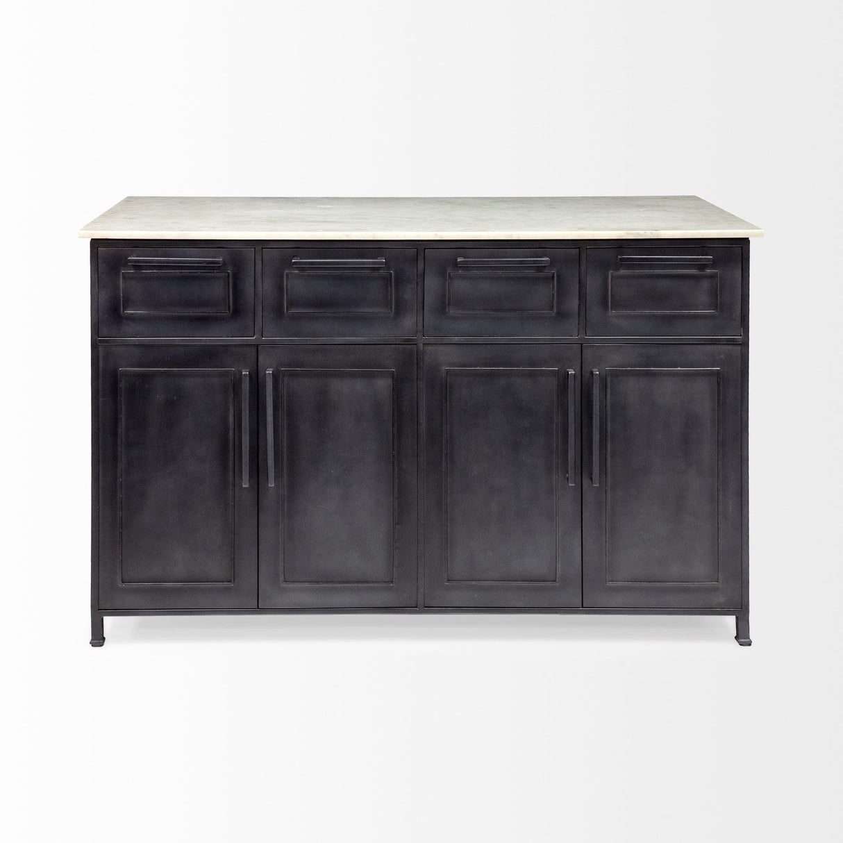 Mercana Fieri Solid Iron Black Body White Marble Top Four Drawer Kitchen Island