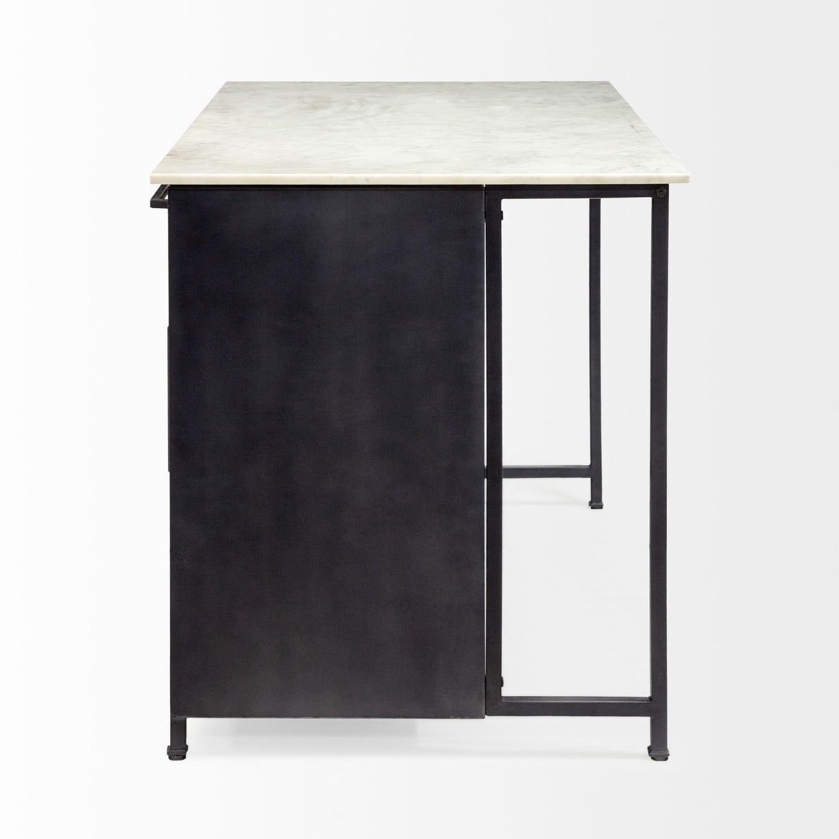 Mercana Fieri Solid Iron Black Body White Marble Top Four Drawer Kitchen Island