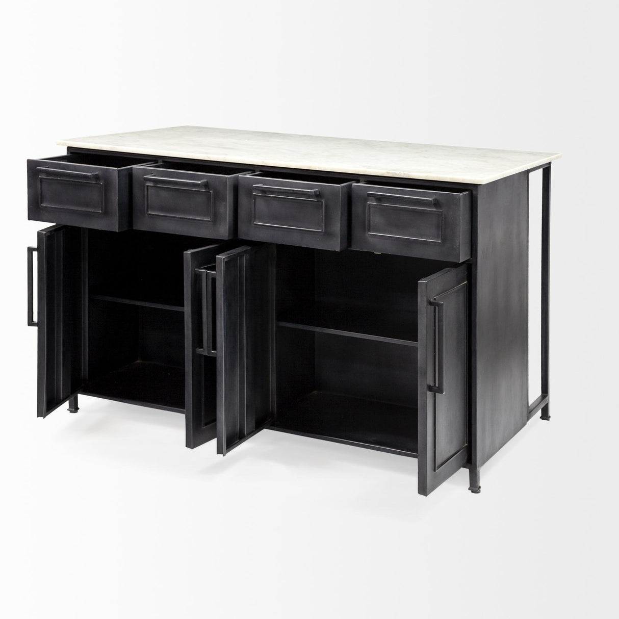 Mercana Fieri Solid Iron Black Body White Marble Top Four Drawer Kitchen Island