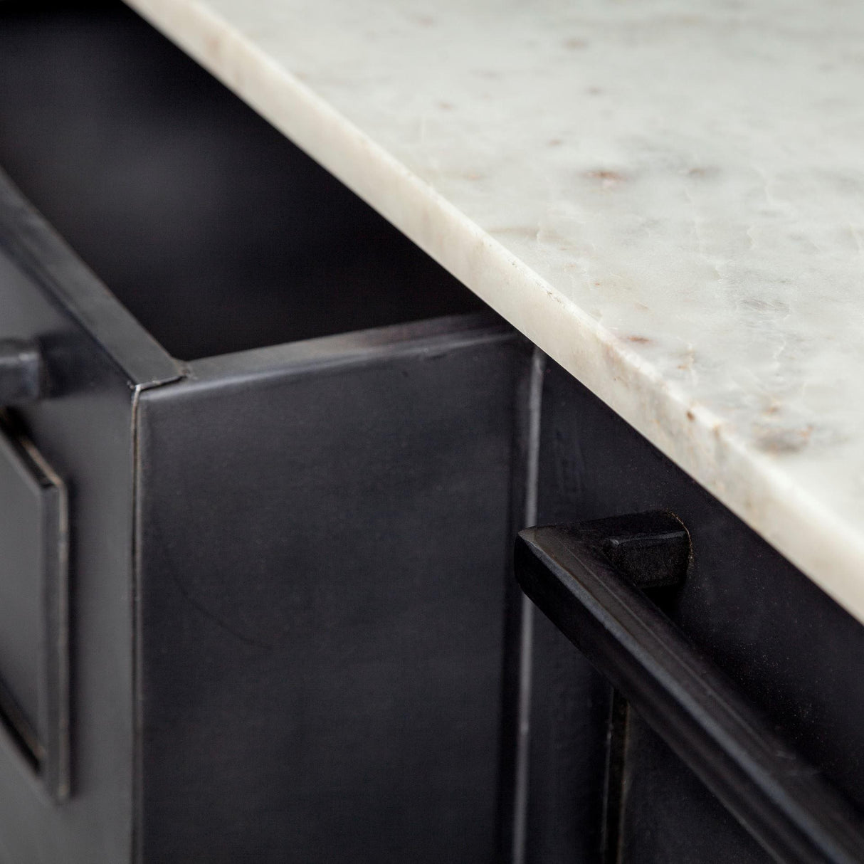 Mercana Fieri Solid Iron Black Body White Marble Top Four Drawer Kitchen Island