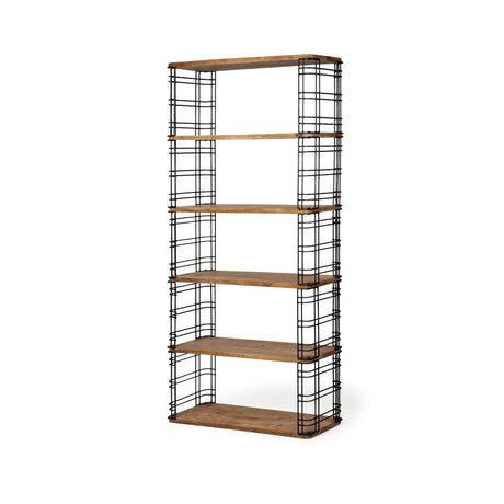 Mercana Bradie I 40L x 12W x 79H Brown Wood and Metal Frame Six Shelf Shelving Unit