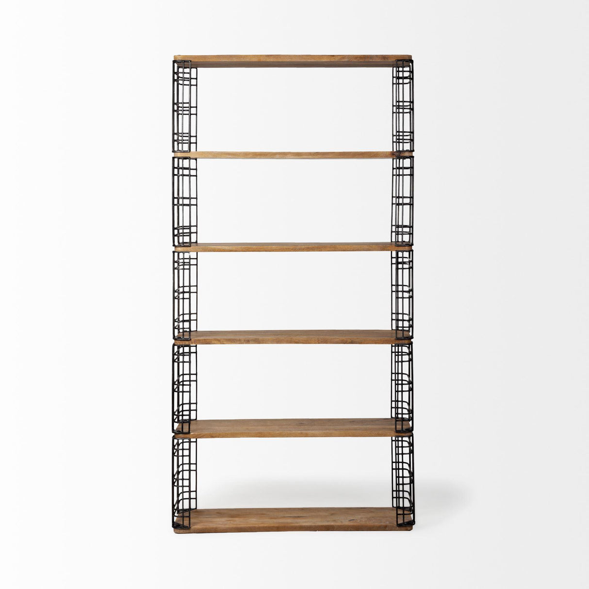 Mercana Bradie I 40L x 12W x 79H Brown Wood and Metal Frame Six Shelf Shelving Unit