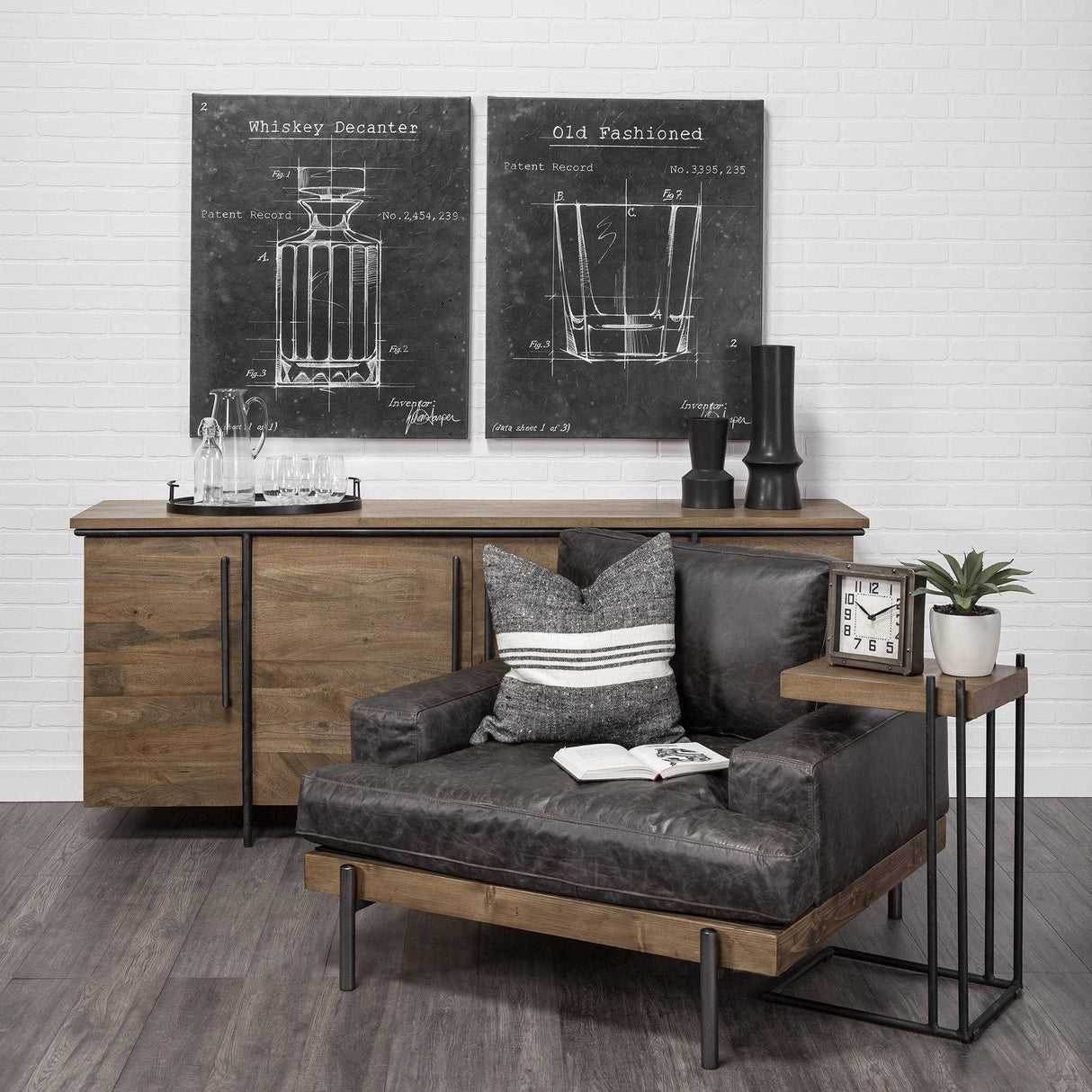 Mercana Maddox 16L x 13.5W x 27H Medium Brown Wood w/ Black Metal C-shaped End/Side Table