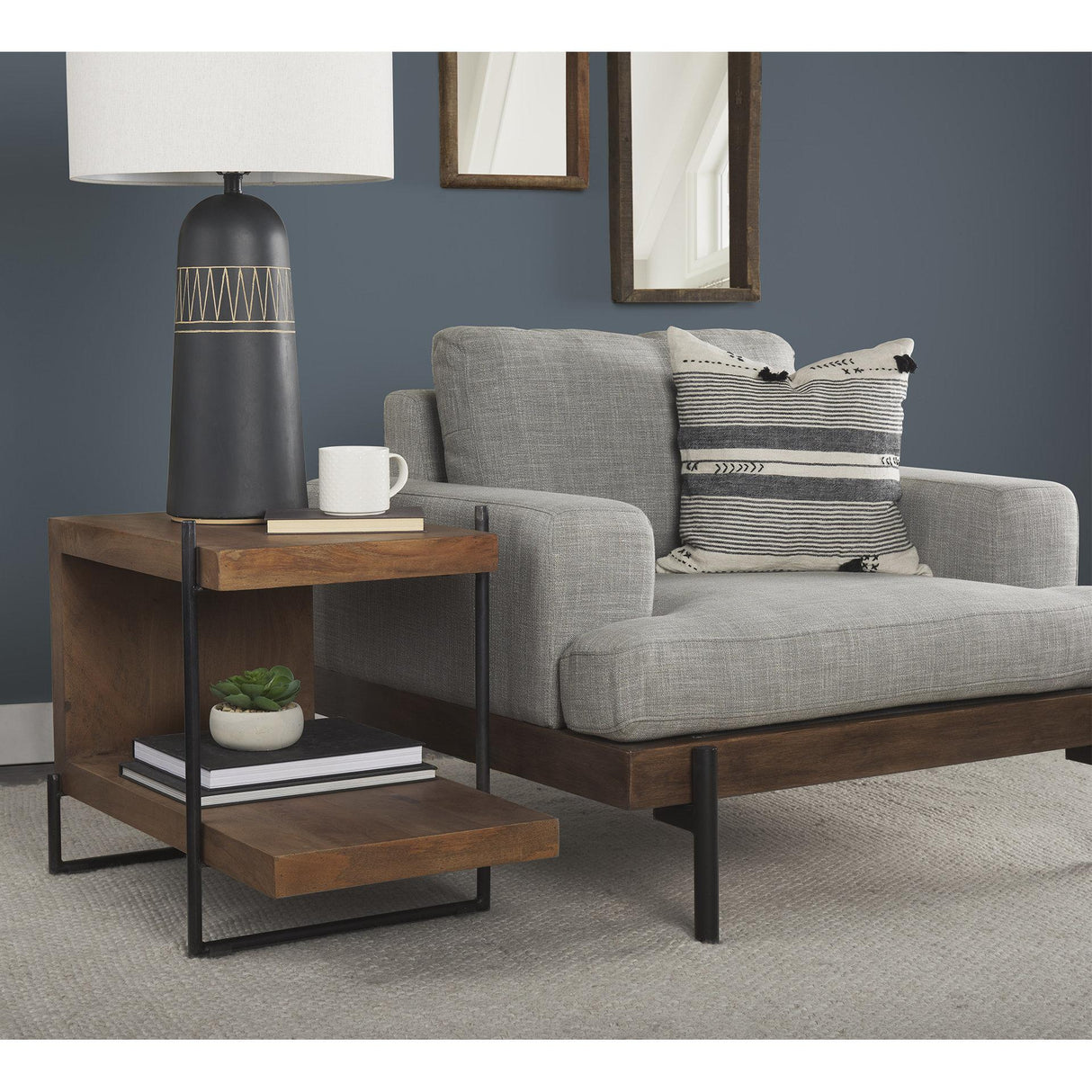 Mercana Maddox 30L x 18W x 22H Medium Brown Wood w/ Black Metal U-shaped End/Side Table