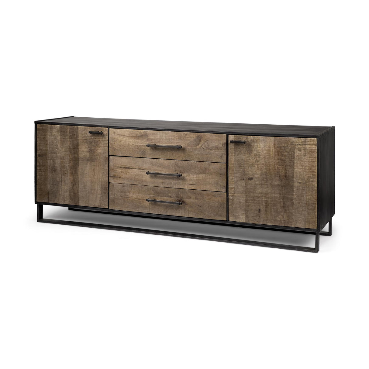 Mercana Alvin 82x20 Brown Solid Wood With Black Metal Frame 3 Drawer 2 Cabinet Door Sideboard