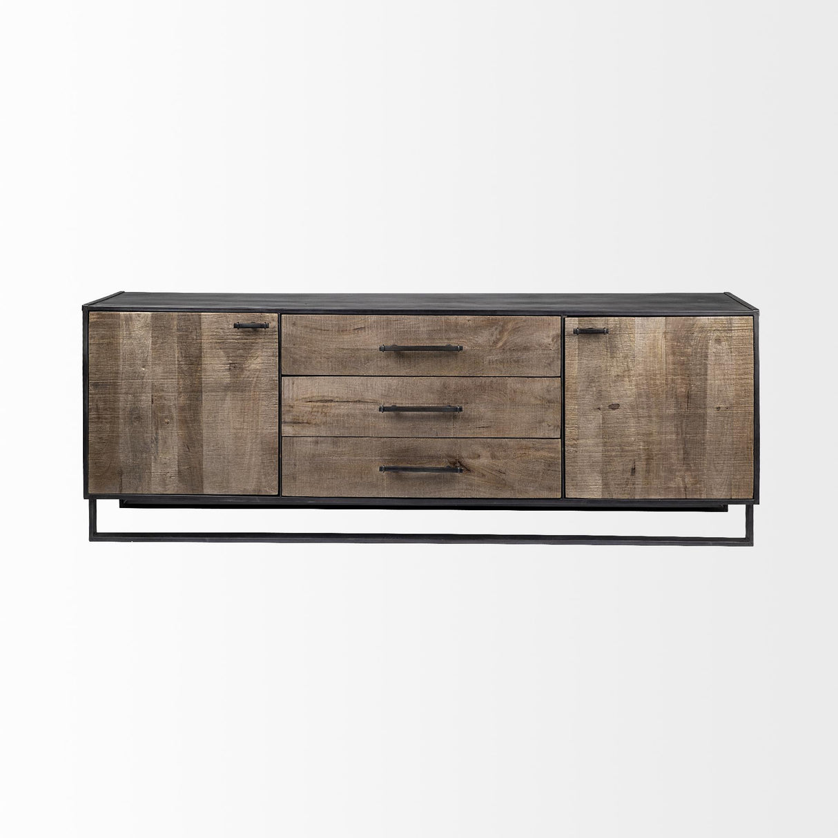 Mercana Alvin 82x20 Brown Solid Wood With Black Metal Frame 3 Drawer 2 Cabinet Door Sideboard