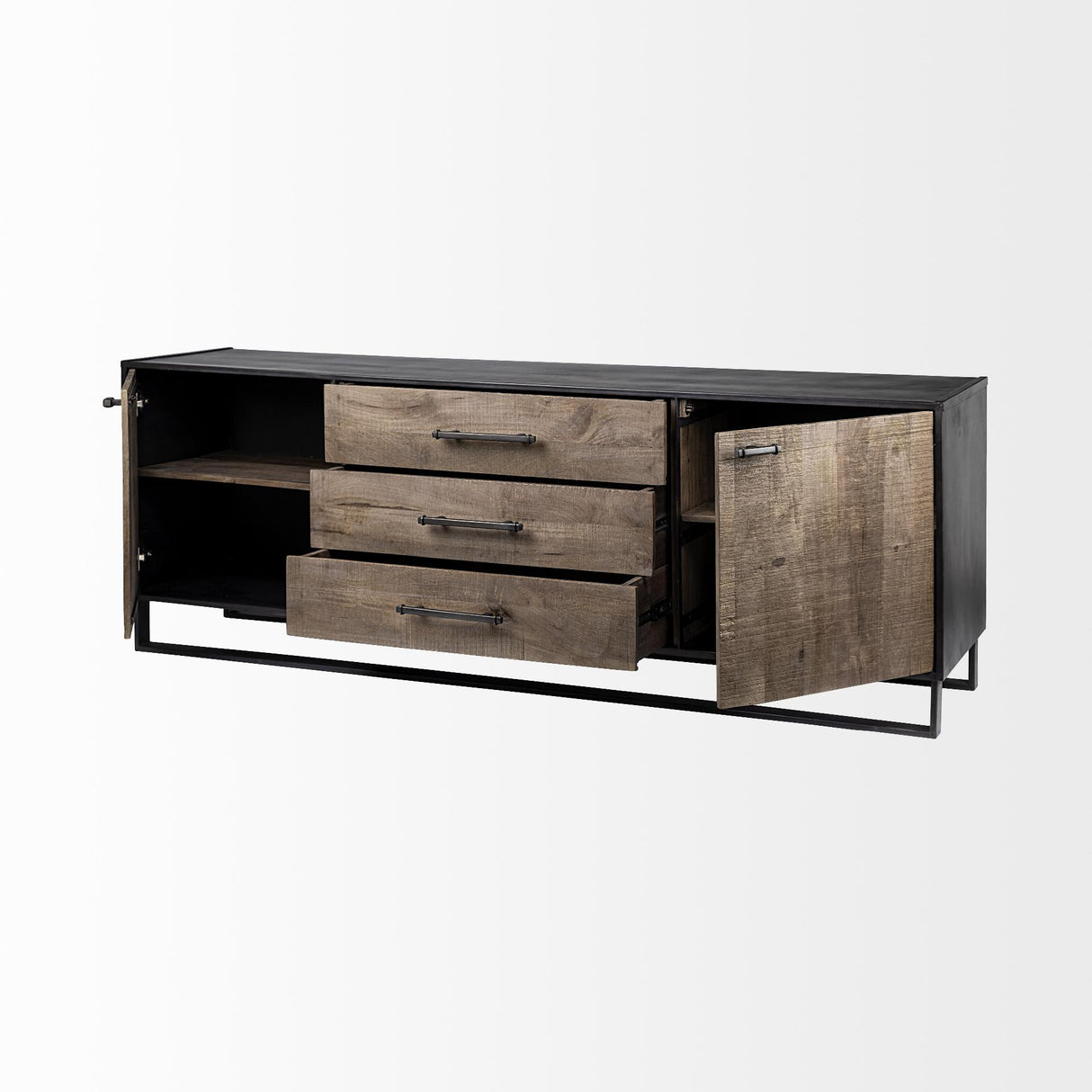 Mercana Alvin 82x20 Brown Solid Wood With Black Metal Frame 3 Drawer 2 Cabinet Door Sideboard