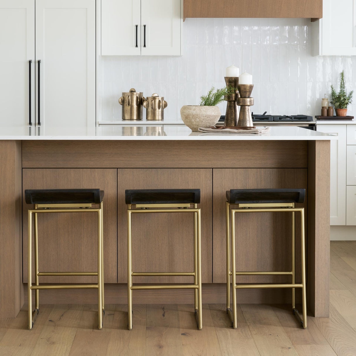 Mercana Givens 24.25"H Brown Wood Seat Gold Metal Frame Stool