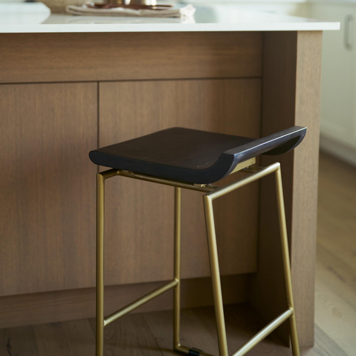 Mercana Givens 24.25"H Brown Wood Seat Gold Metal Frame Stool