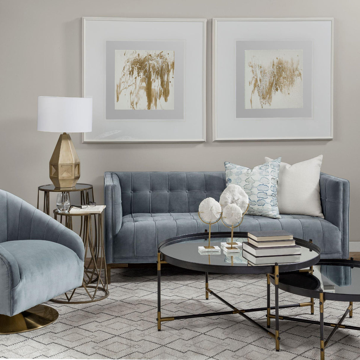 Mercana James II Gray Blue Velvet Covered Seat w Gold Swivel Base Accent Chair