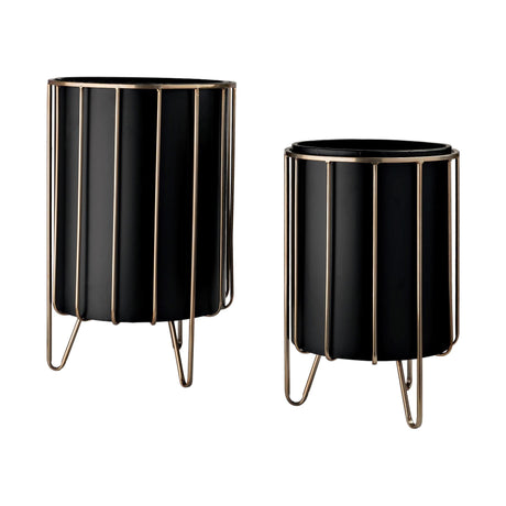 Mercana Pianta 13 x 21 Set of Two Black Metal Insert Brass Frame Plant Stands