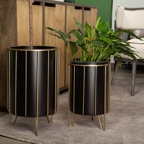 Mercana Pianta 13 x 21 Set of Two Black Metal Insert Brass Frame Plant Stands