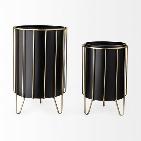 Mercana Pianta 13 x 21 Set of Two Black Metal Insert Brass Frame Plant Stands