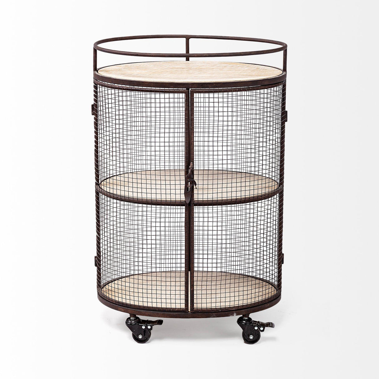 Mercana Saluti II Black Metal Frame cage w/three wood shelves oval Bar Cart