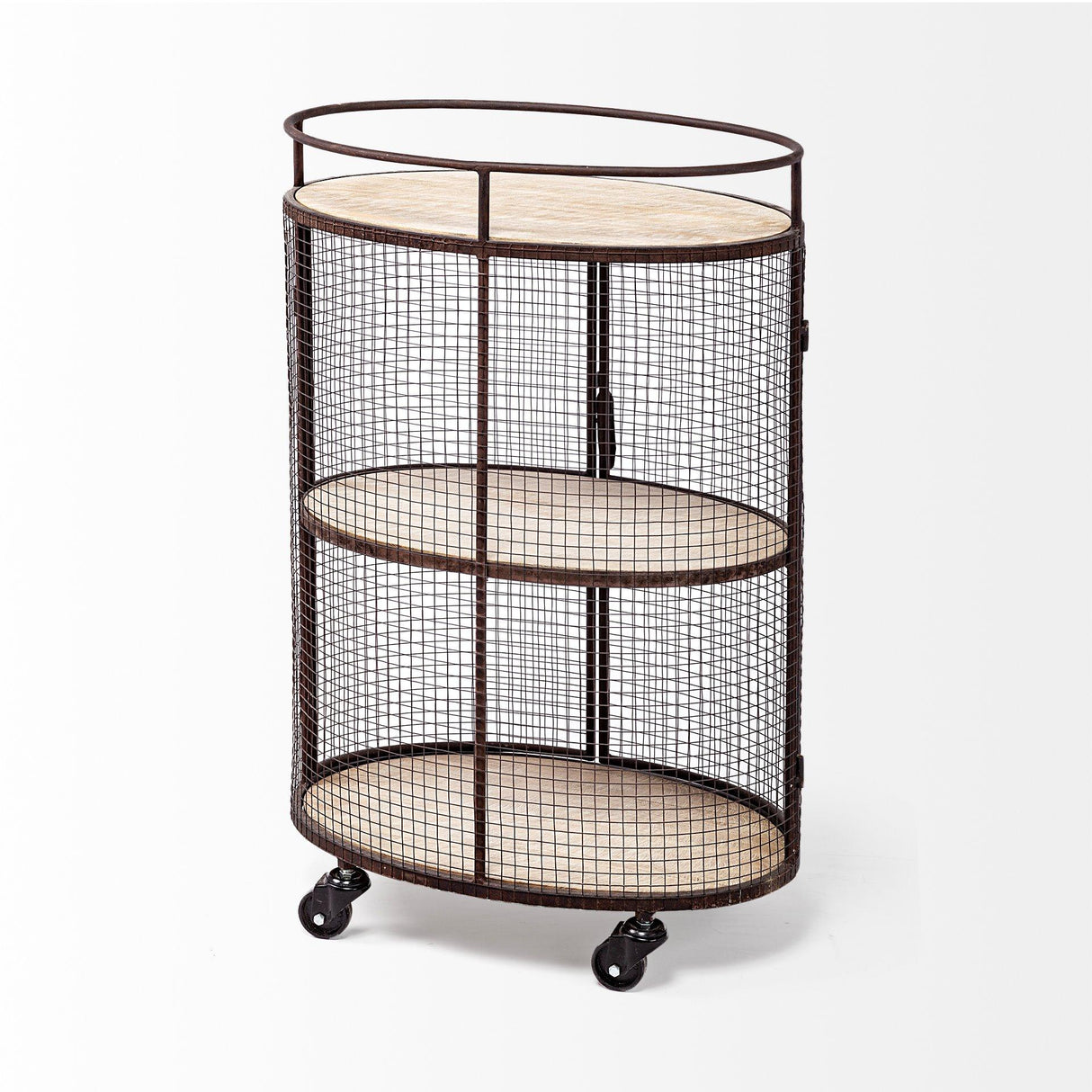 Mercana Saluti II Black Metal Frame cage w/three wood shelves oval Bar Cart