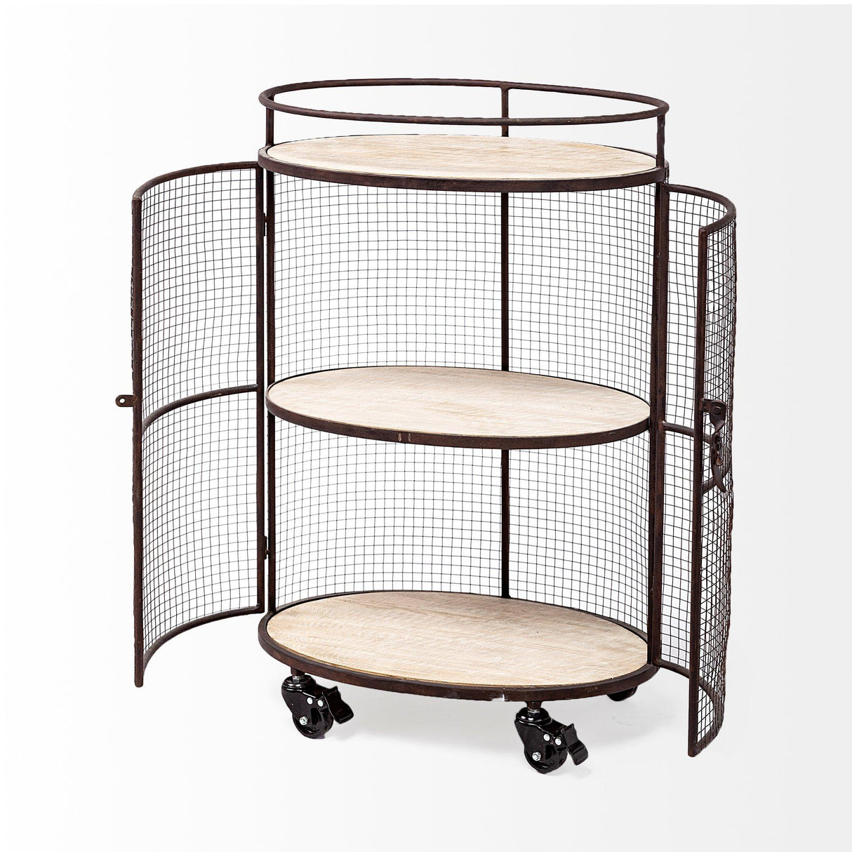 Mercana Saluti II Black Metal Frame cage w/three wood shelves oval Bar Cart