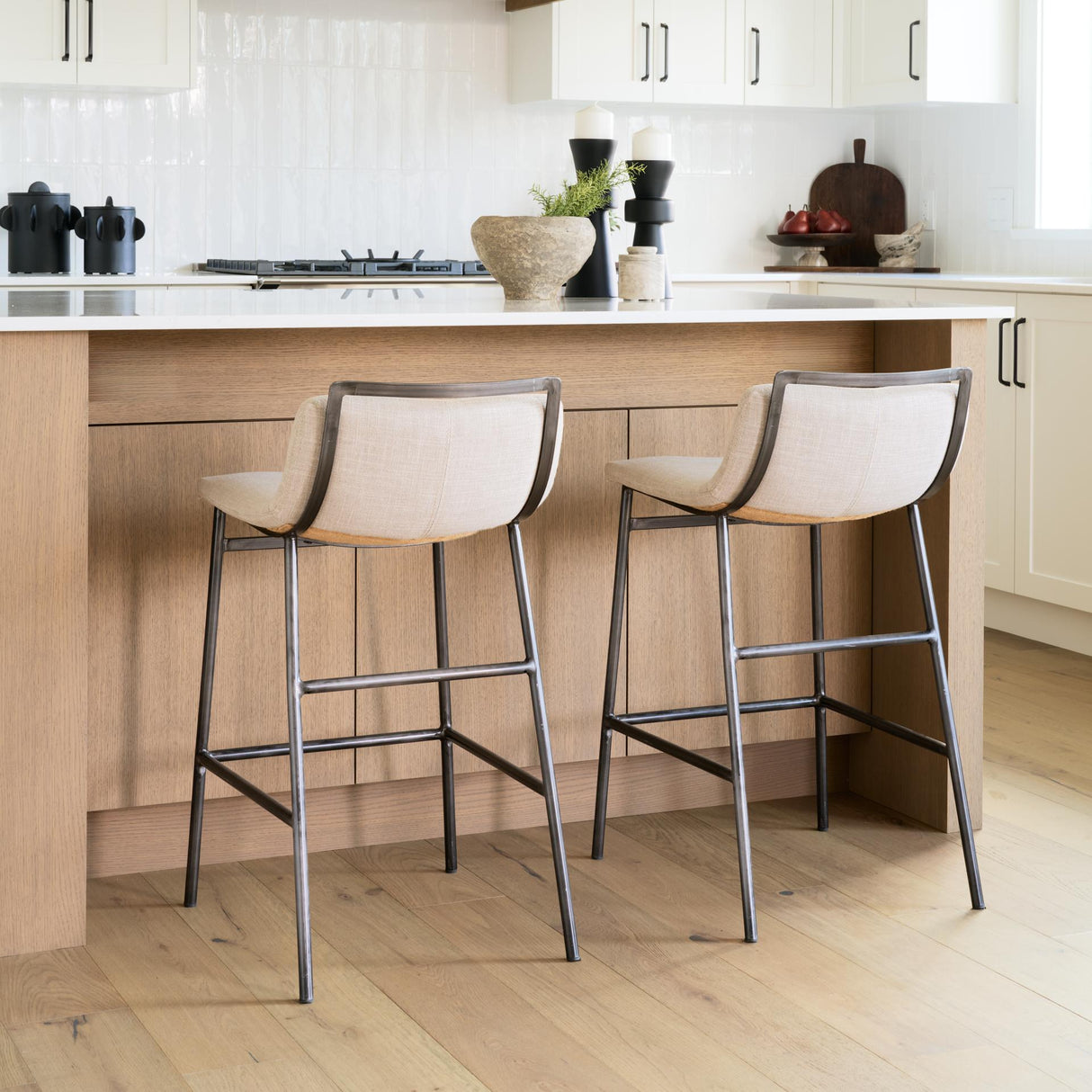 Mercana Kavalan 33.5" Total Height Beige Upholstered Seat Gray Metal Frame Counter Stool