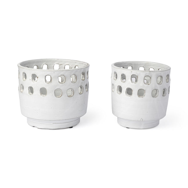 Mercana Larissa Set of Two White Ceramic Hollow Pattern Vases