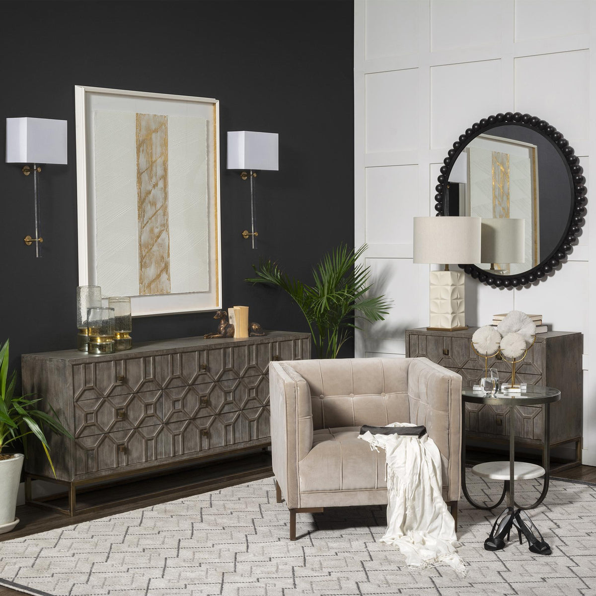 Mercana Genevieve II 70x15.8 Gray Fir Veneer W/Gold Metal Frame Base 9 Drawer Sideboard