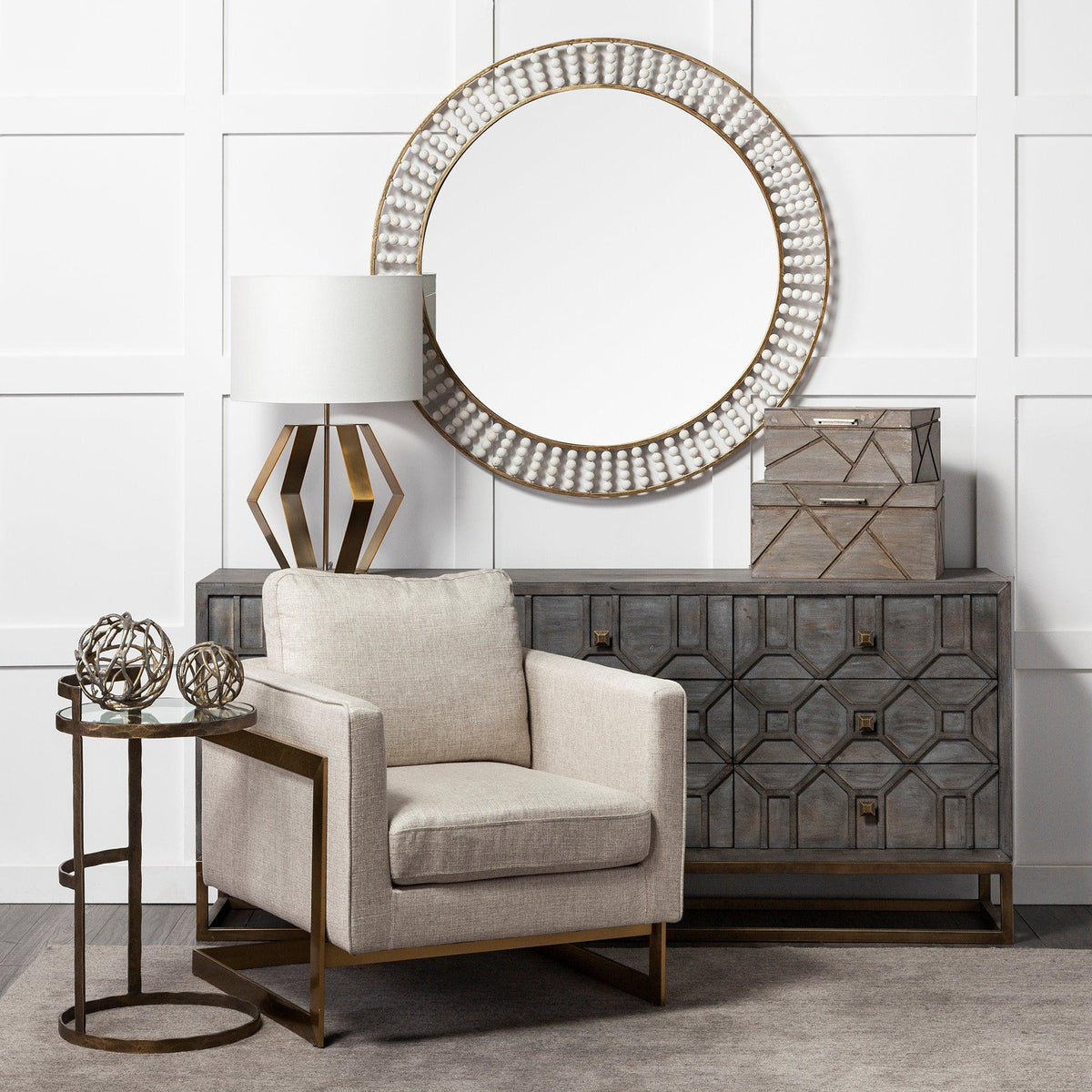 Mercana Genevieve II 70x15.8 Gray Fir Veneer W/Gold Metal Frame Base 9 Drawer Sideboard
