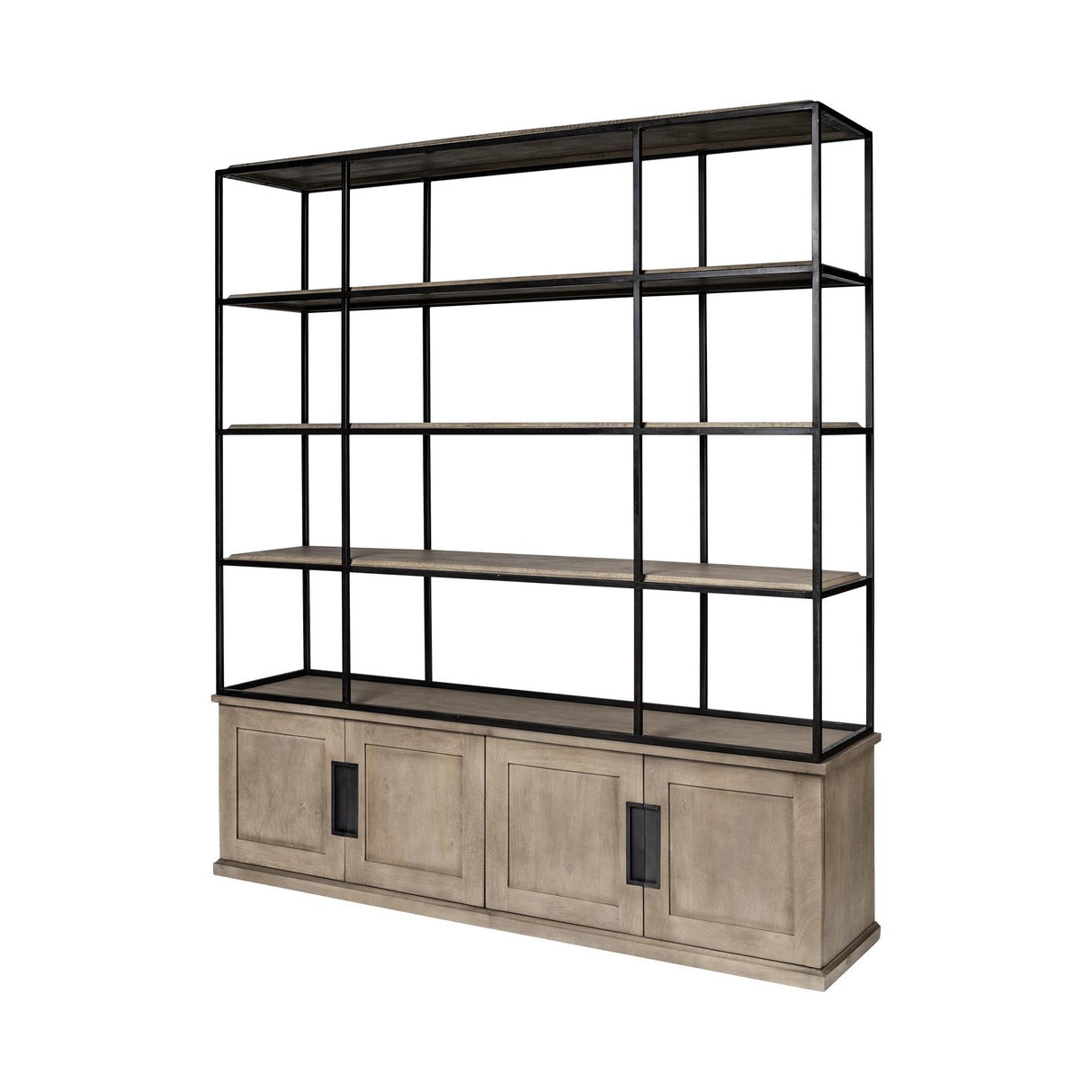 Mercana Braxton I Light Brown Wood and Iron Three Shelf Shelving Unit 81.5L x 18.5W x 90