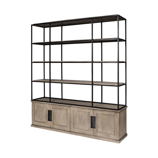 Mercana Braxton I Light Brown Wood and Iron Three Shelf Shelving Unit 81.5L x 18.5W x 90