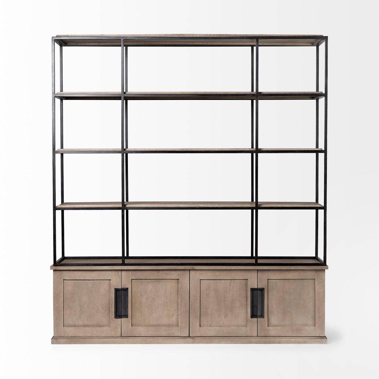 Mercana Braxton I Light Brown Wood and Iron Three Shelf Shelving Unit 81.5L x 18.5W x 90