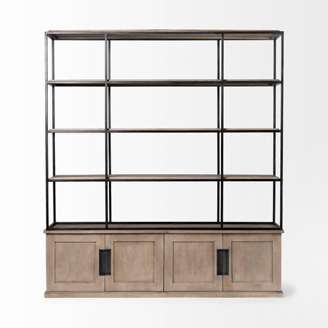 Mercana Braxton I Light Brown Wood and Iron Three Shelf Shelving Unit 81.5L x 18.5W x 90