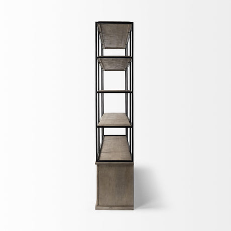Mercana Braxton I Light Brown Wood and Iron Three Shelf Shelving Unit 81.5L x 18.5W x 90