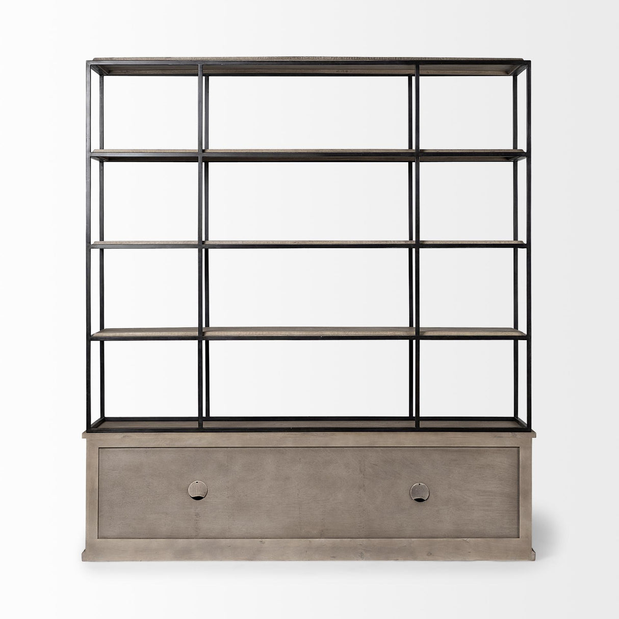 Mercana Braxton I Light Brown Wood and Iron Three Shelf Shelving Unit 81.5L x 18.5W x 90
