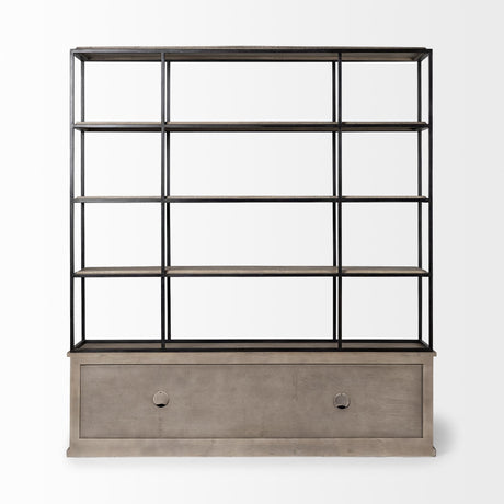 Mercana Braxton I Light Brown Wood and Iron Three Shelf Shelving Unit 81.5L x 18.5W x 90