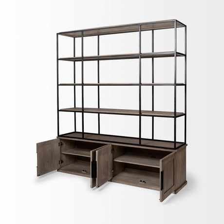 Mercana Braxton I Light Brown Wood and Iron Three Shelf Shelving Unit 81.5L x 18.5W x 90