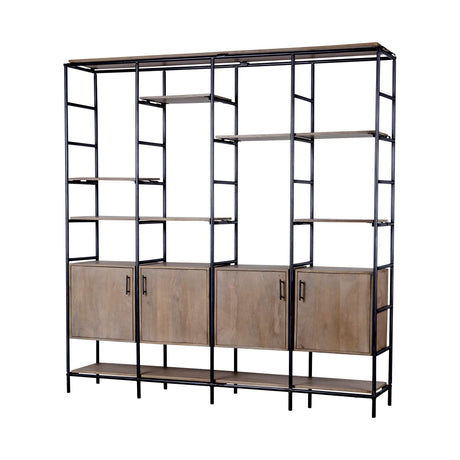 Mercana Darius 82L x 16.5W x 90H Medium Brown Wood and Metal Multi-Shelf Shelving Unit