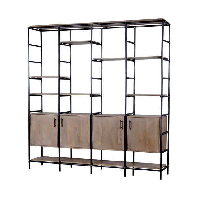 Mercana Darius 82L x 16.5W x 90H Medium Brown Wood and Metal Multi-Shelf Shelving Unit