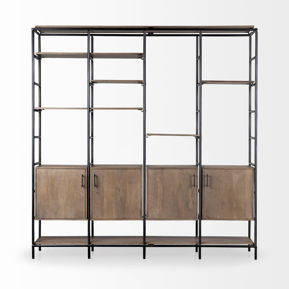 Mercana Darius 82L x 16.5W x 90H Medium Brown Wood and Metal Multi-Shelf Shelving Unit