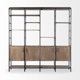 Mercana Darius 82L x 16.5W x 90H Medium Brown Wood and Metal Multi-Shelf Shelving Unit