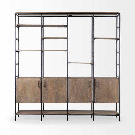 Mercana Darius 82L x 16.5W x 90H Medium Brown Wood and Metal Multi-Shelf Shelving Unit