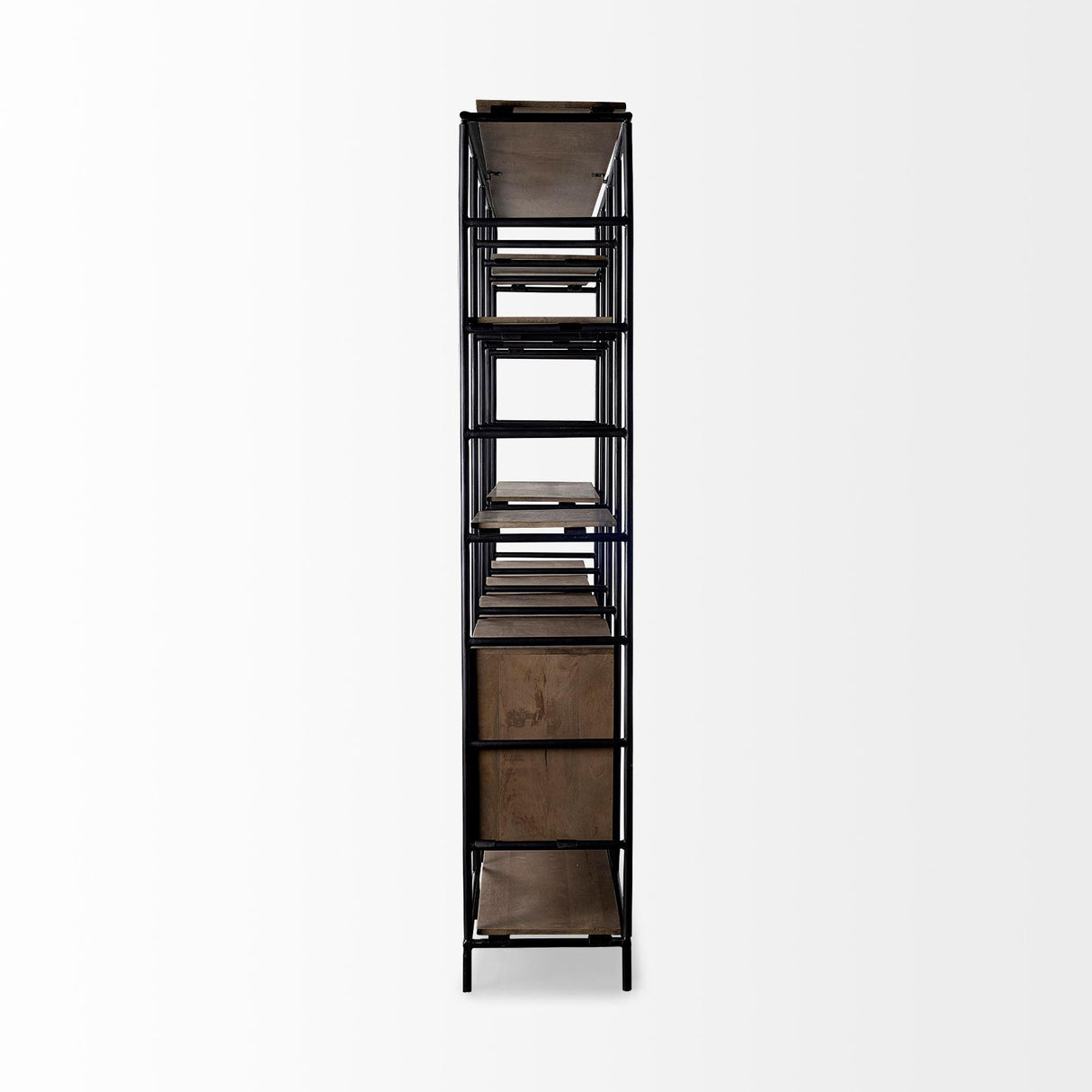 Mercana Darius 82L x 16.5W x 90H Medium Brown Wood and Metal Multi-Shelf Shelving Unit