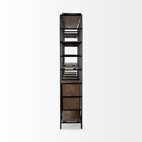 Mercana Darius 82L x 16.5W x 90H Medium Brown Wood and Metal Multi-Shelf Shelving Unit