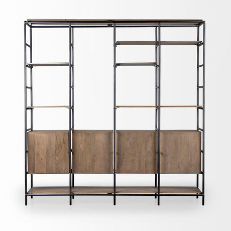 Mercana Darius 82L x 16.5W x 90H Medium Brown Wood and Metal Multi-Shelf Shelving Unit